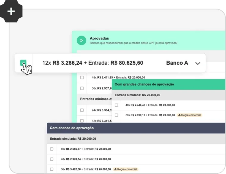 Tela de simulação com propostas aprovadas e com chance de aprovação, com parcelas e entradas por banco