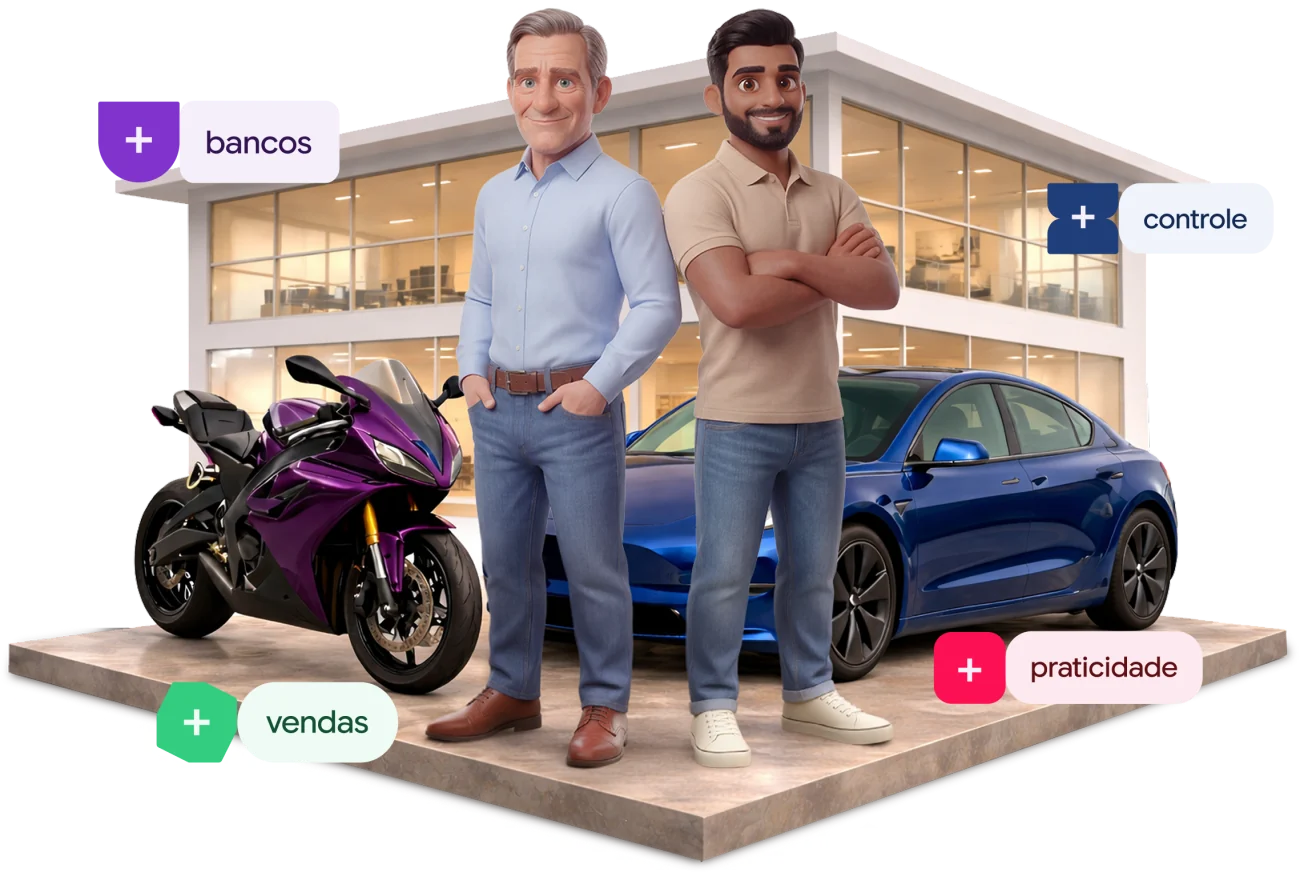 Lojistas de lojas de veículos, com etiquetas de bancos, controle, vendas e praticidade