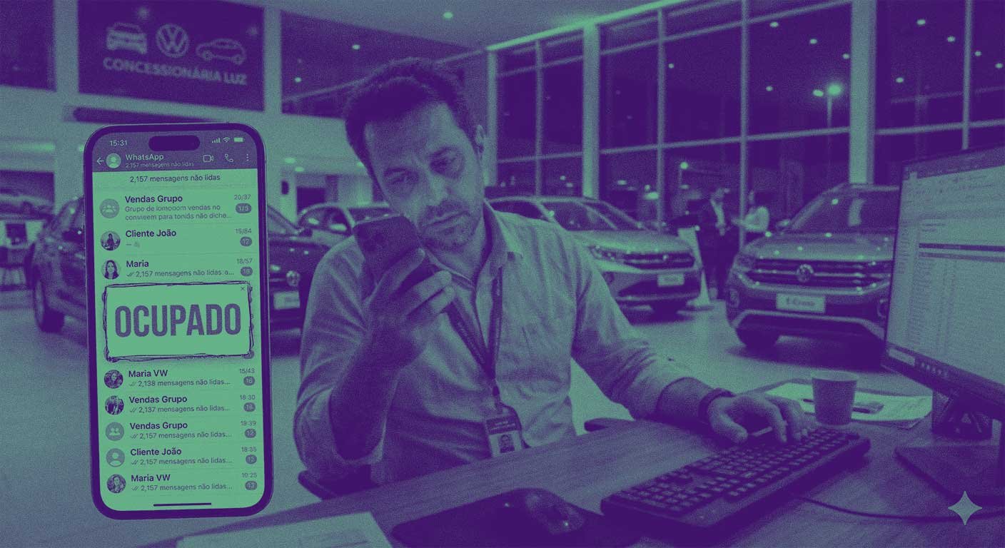 Vendedor de loja de carro ocupado com WhatsApp